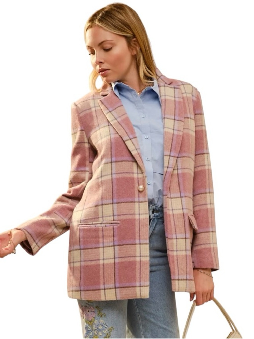 New blue b Light Purple & Cream Plaid Pastel Pearl Button Boyfriend Fit Blazer
